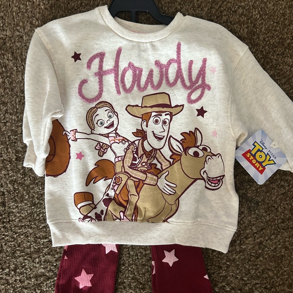 Disney Cream Sweatshirt and Burgundy Star Leggings Kids Matching Set
